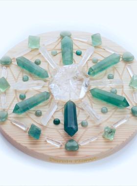 白水晶网格套装/绿萤石/木盘/送礼水晶/绿东陵/手工摆件