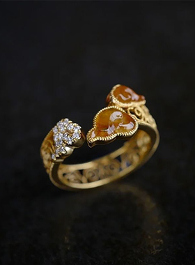 复古新中式花丝祥云纹戒指女宫廷风指环清冷感古着开口可调节戒