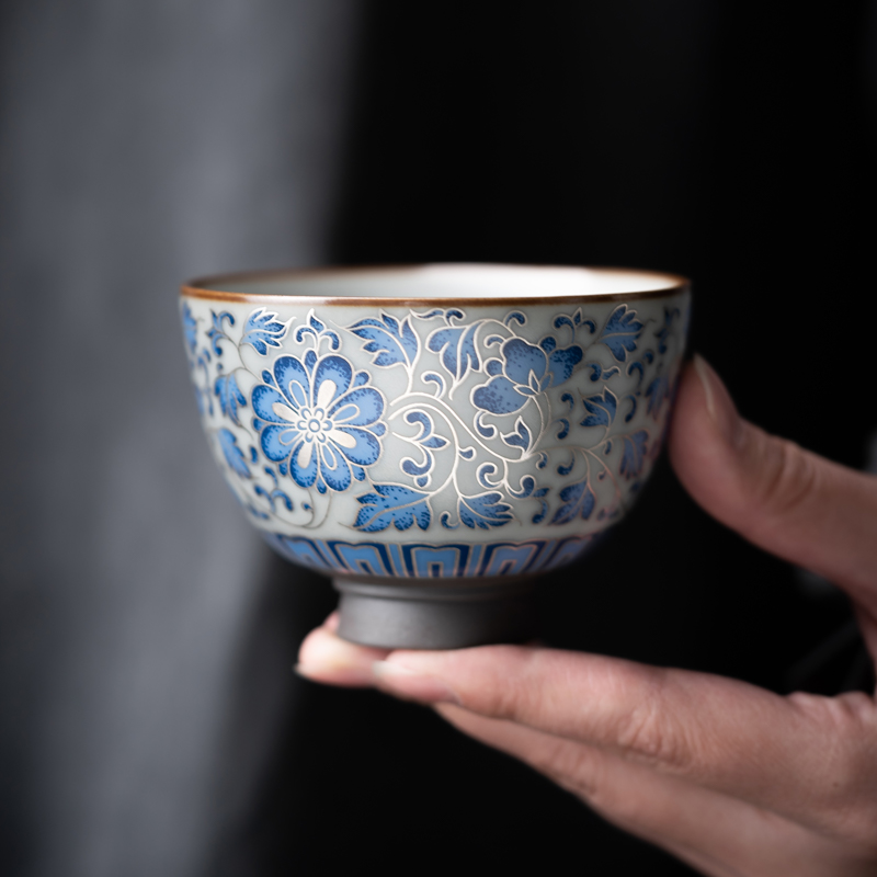 陶瓷茶杯主人杯单杯茶盏茶碗大号仿古青花杯银丝杯缠枝莲杯