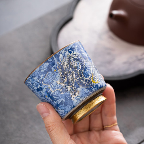 999陶瓷鎏银茶杯腾龙盛世高档伴手礼茶具送长辈领导商务主人杯