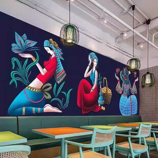 云南少数民族风情装 饰画人物少女图片墙纸酒店墙画餐馆背景墙壁画