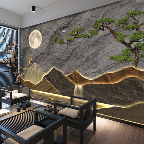 新中式茶室墙纸3D立体假山