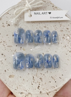 【蓝月烬】蓝色花朵穿戴甲短方形美甲贴片假指甲甲片