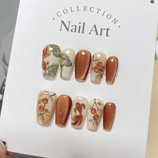 高级感美甲nails 纯手工穿戴甲晕染琥珀秋冬2025新款 吉庆有余