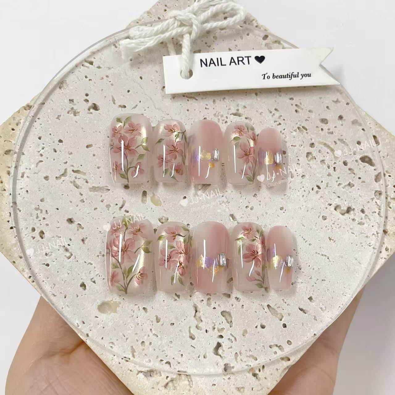 【梦醒海棠】穿戴甲水彩花朵穿戴甲中长款可爱美甲成品指甲贴片,彩妆/香水/美妆工具,穿戴甲/甲片,淘宝优惠券,粉丝福利购,淘宝优惠卷