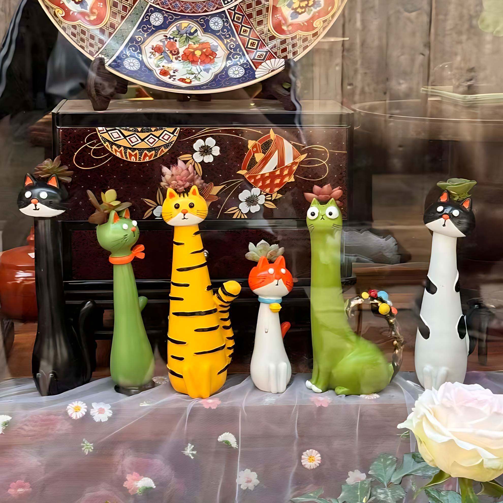 可爱长颈猫树脂花瓶北欧风桌面高
