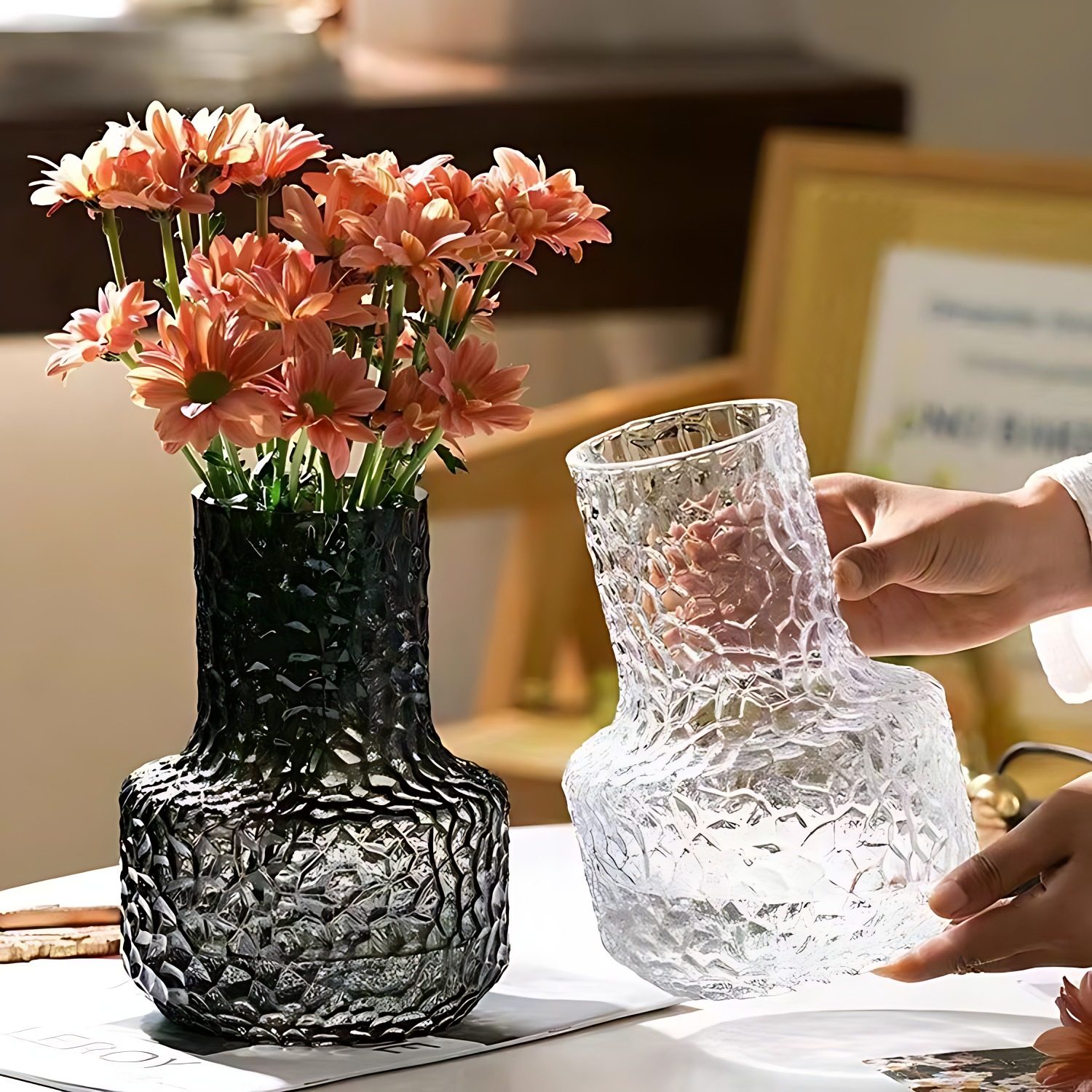 高级感轻奢玻璃花瓶客厅摆件小众锤纹圆形水培插花鲜花玫瑰大口径