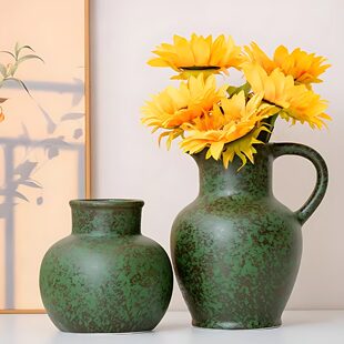 花瓶乡村陶瓷做旧侘寂风花瓶复古简约摆件民宿客厅水养新中式绿色