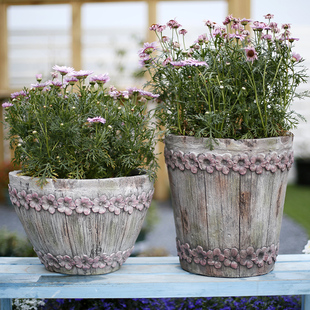 新品浮雕大花朵手绘花盆仿木桶花园E大号口径复古做旧老桩多肉盆