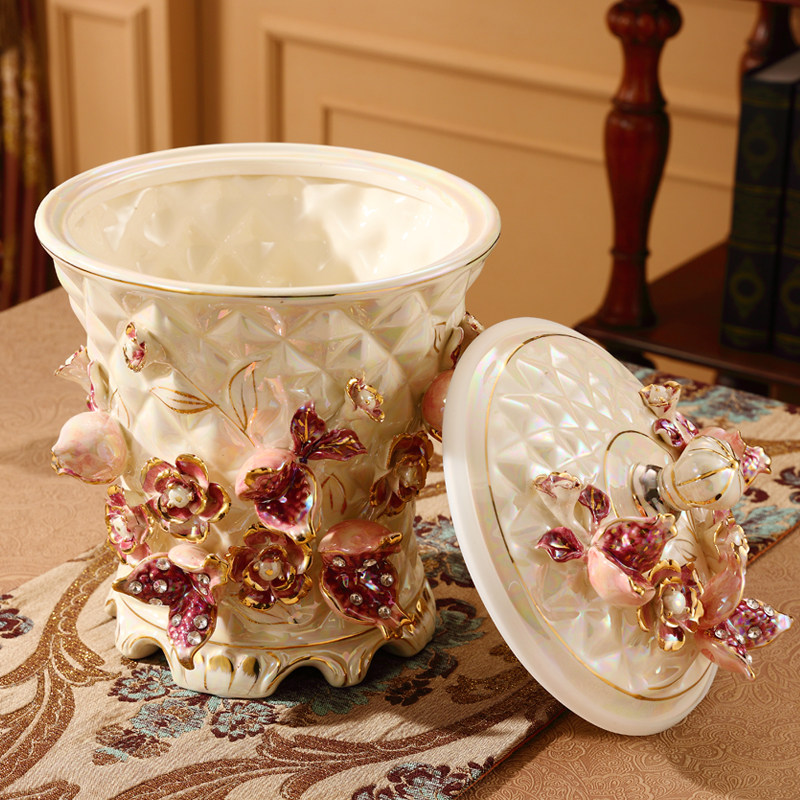 欧式陶瓷垃圾桶家用大号美式复古客厅厨房卫生P间卧室收纳桶筒带