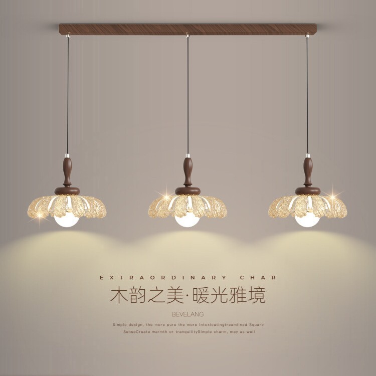 中古风胡桃色树脂花三头餐厅吊灯