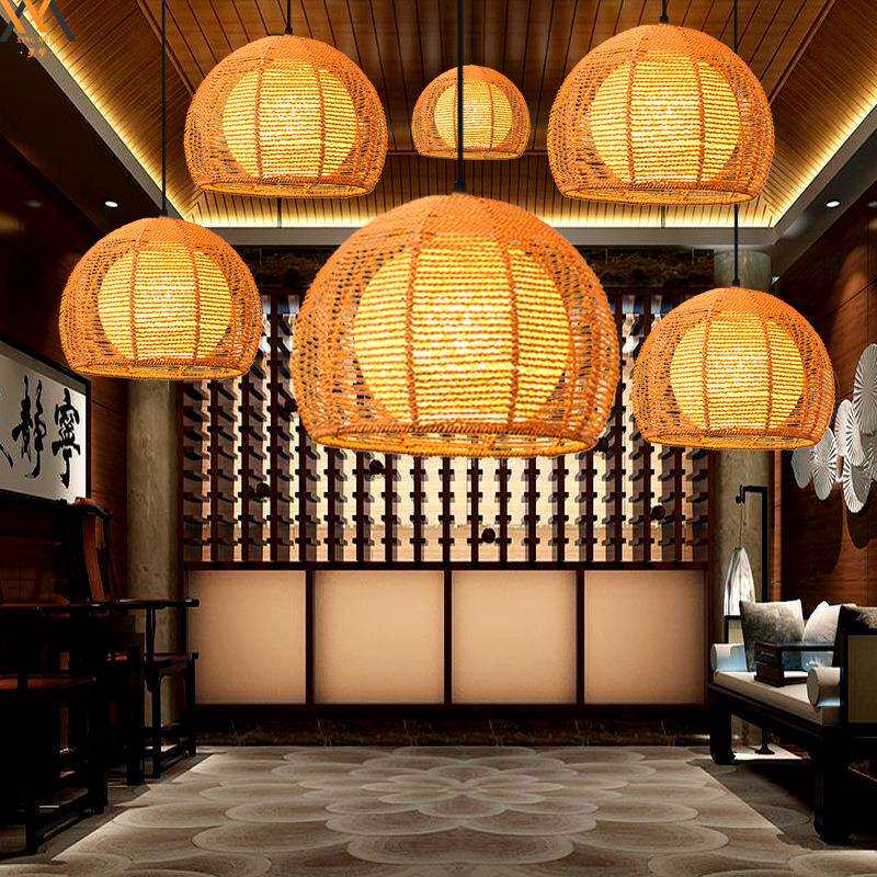 日式麻球藤艺吊灯创意个性手工编织圆形鸟巢饭店餐桌餐厅麻绳灯罩