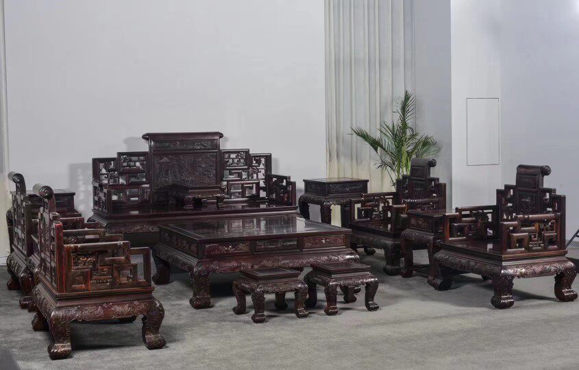 印尼黑酸枝阔叶黄檀清式卷书山水沙发宝座仿古典新中式红木家具