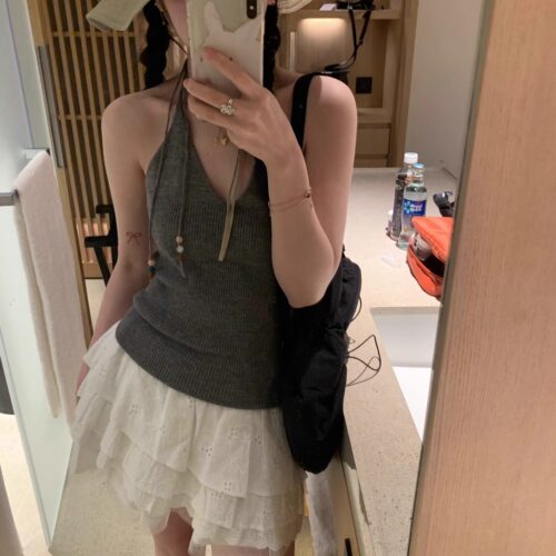 uungchuuu 小珠珠 灰色绑带针织背心吊带