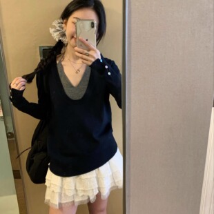 uungchuuu  大u领藏青开衩针织毛衣秋冬