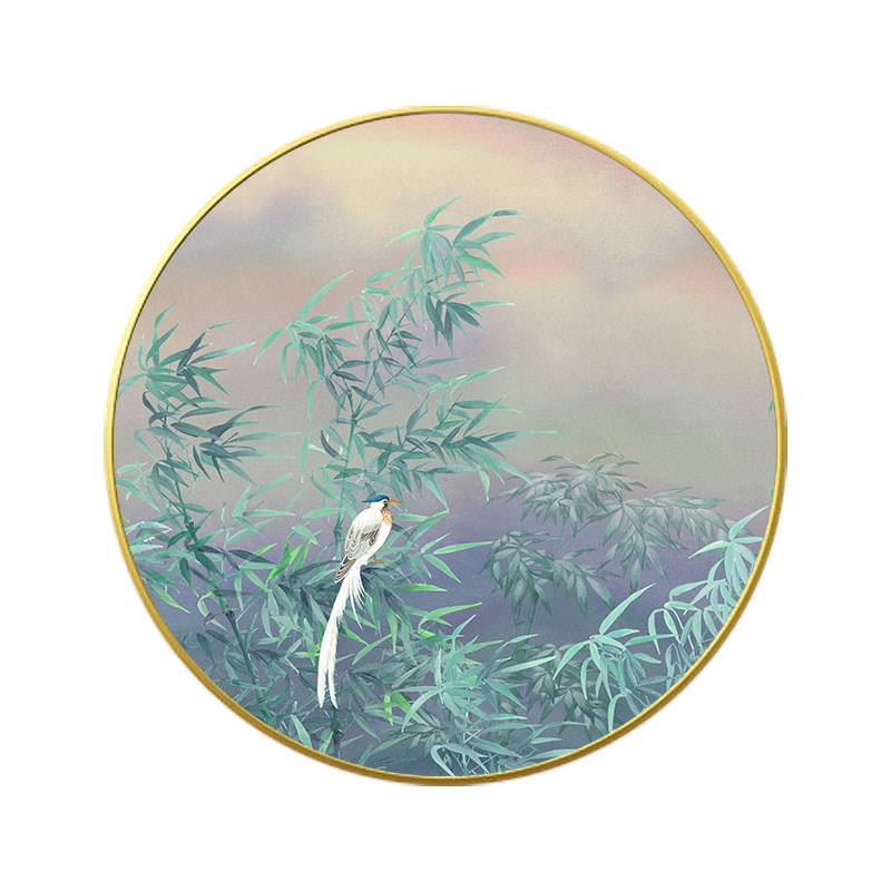 现货速发竹子挂画新中式圆形玄关入户走廊发光装饰画酒店大堂软装图片