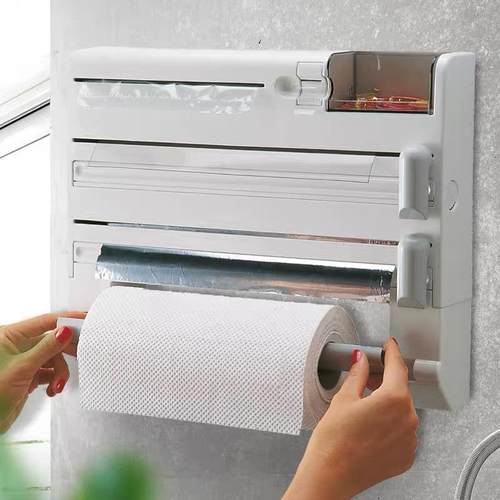 多功能厨房家用置物架壁挂式保鲜膜收纳盒切割器放置架卷纸架