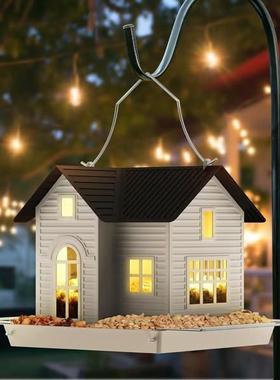 跨境新款户外太阳能灯喂鸟器创意房屋造型鸟笼装饰铁艺工艺品摆件