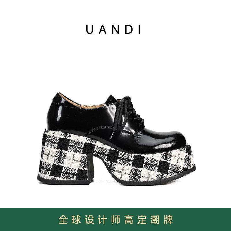 UandI单鞋女2026夏季新款厚底增高英伦小皮鞋百搭黑白格乐福鞋子