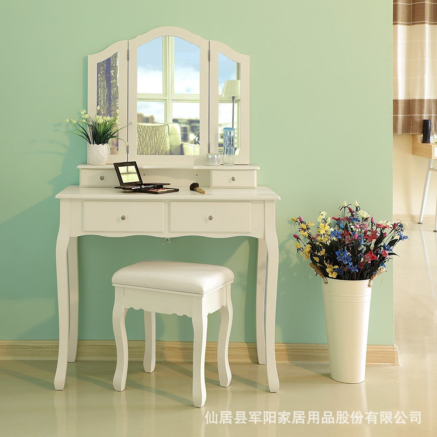 欧式实木腿梳妆台卧室现代简约化妆台四抽化妆桌收纳盒凳子三面镜
