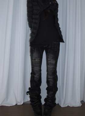 美式复古做旧褶皱黑色牛仔裤女秋冬辣妹朋克亚比风窄版直筒裤子潮