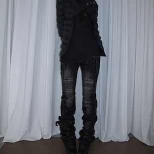 美式复古做旧褶皱黑色牛仔裤女秋冬辣妹朋克亚比风窄版直筒裤子潮