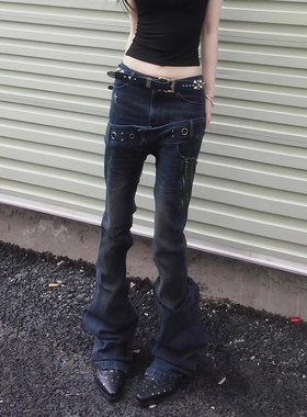 美式水洗设计感双腰头微喇牛仔裤女新款亚比辣妹街头显瘦长裤子