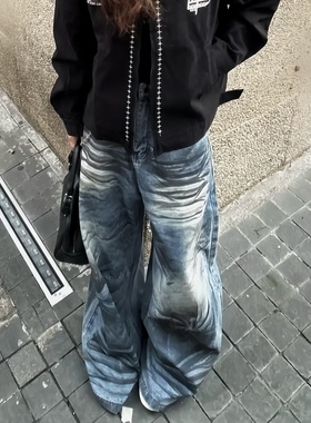 美式街头复古水洗做旧脏脏阔腿牛仔裤女cleanfit潮牌拖地弯刀裤子