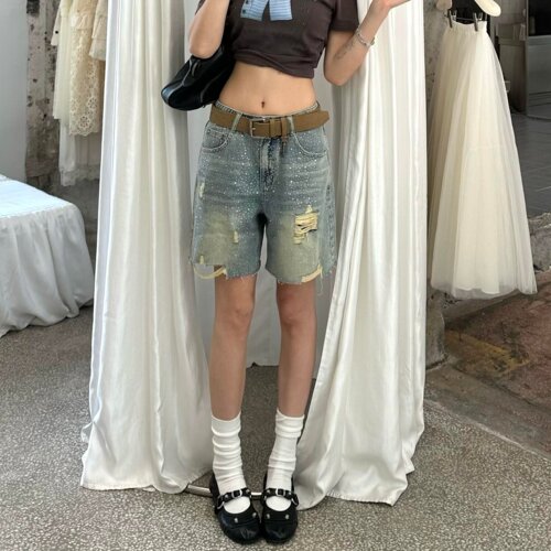 满钻破洞牛仔五分裤女
