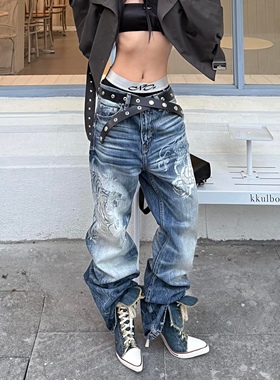 美式复古水洗做旧刺绣阔腿牛仔裤女新款辣妹宽松显瘦直筒微喇长裤