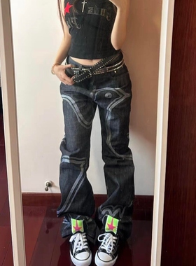 小众美式设计感原牛鸽子刺绣直筒牛仔裤女潮牌hiphop百搭宽松长裤
