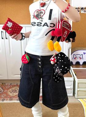 美式复古黑色解构工装排扣牛仔七分裤女夏季宽松阔腿休闲中裤潮