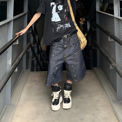 设计双腰头铆钉牛仔七分裤女
