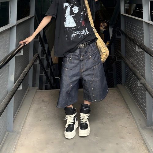 设计双腰头铆钉牛仔七分裤女