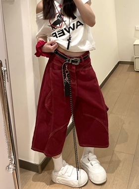 美式复古红色口袋工装七分牛仔裤女夏季辣妹宽松阔腿直筒中裤潮