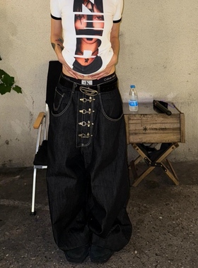 美式复古设计感原牛飞机扣baggy廓形牛仔裤女宽松直筒阔腿长裤潮
