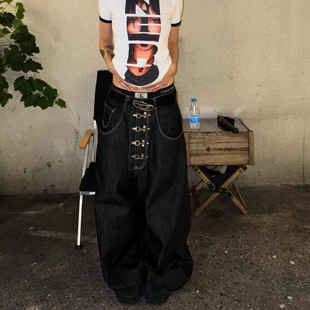 潮 女宽松直筒阔腿长裤 美式 复古设计感原牛飞机扣baggy廓形牛仔裤