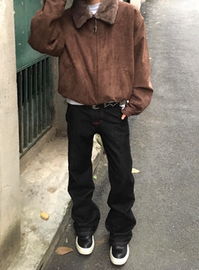 美式高街撞色红线黑色直筒牛仔裤女潮牌街头百搭修身显瘦休闲裤子