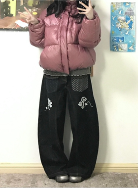 大码美式复古水洗口袋设计弯刀牛仔裤女2025新款印花宽松阔腿长裤