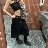 复古黑色解构工装 宽松百搭阔腿中裤 牛仔七分裤 新款 潮 女夏季 美式