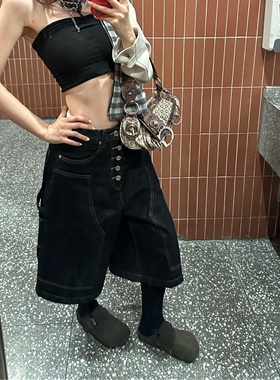 美式复古黑色解构工装牛仔七分裤女夏季新款宽松百搭阔腿中裤潮