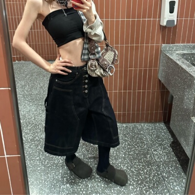 美式复古黑色解构工装牛仔七分裤