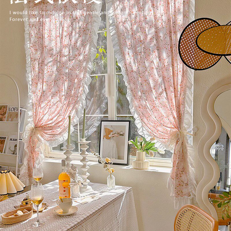 奶油ins风女孩儿童p房梦幻粉色小兔荷叶边半遮光窗帘韩式田园半帘
