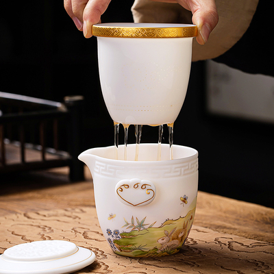 匠仙羊脂玉白瓷快客杯一壶五杯德化陶瓷K户外手提旅行茶具便携包