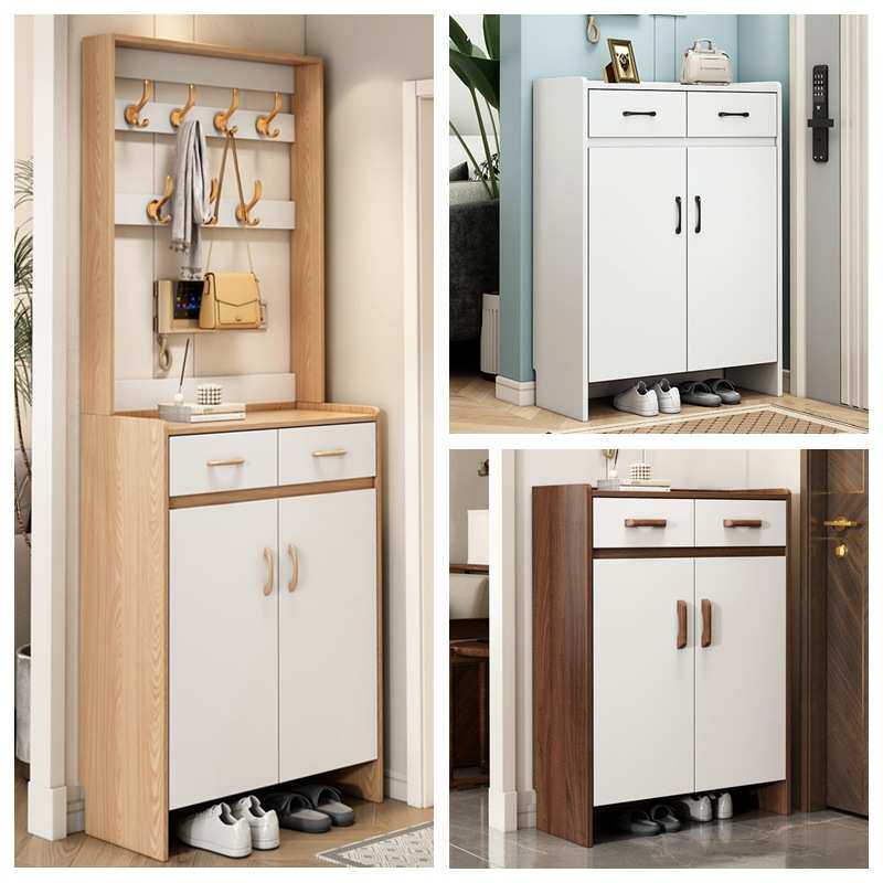 北欧实木鞋柜家用门口多功能门厅柜原木色带衣架大容量客厅储