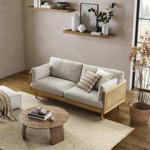 日式实木编藤直排客厅沙发原木侘寂风民宿可拆洗休闲沙发中古躺椅