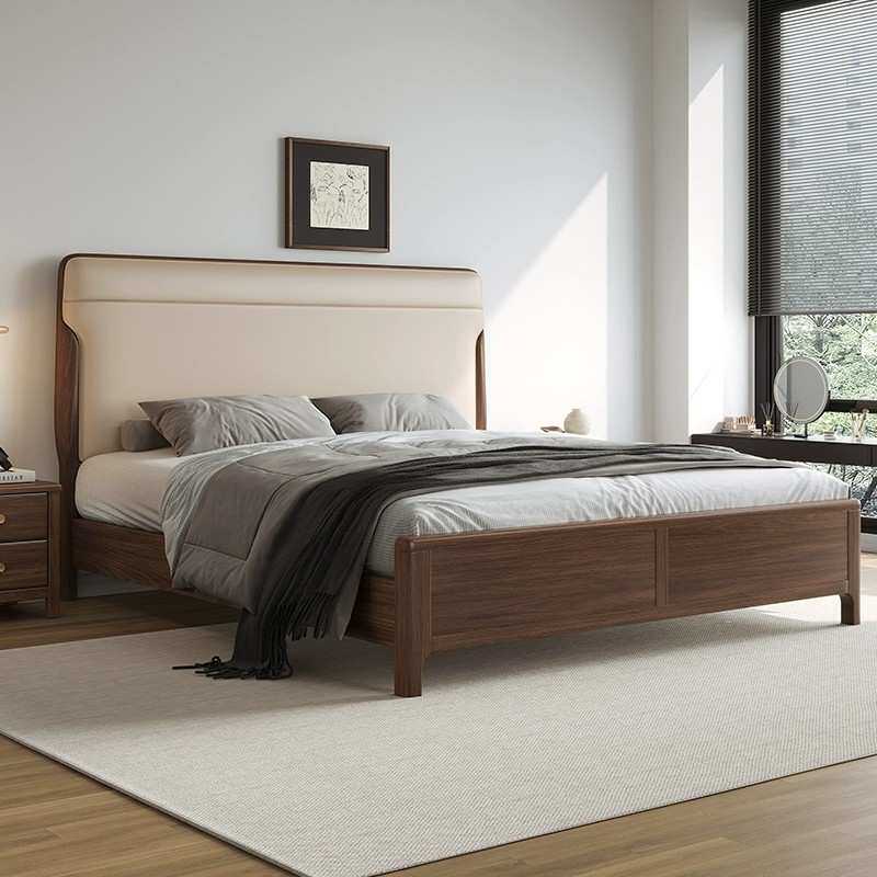 南美黑胡桃木全实木床北欧大气双人床现代简约卧室家具软包实木床