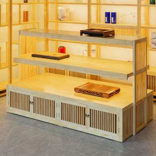 禅意实木中岛陈列柜带灯新中式展示中岛台流水台原木展柜博古架