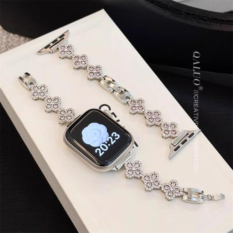 新款满钻四叶草锆石金属表带适用于苹果手表s10/s78SE2watch654SE