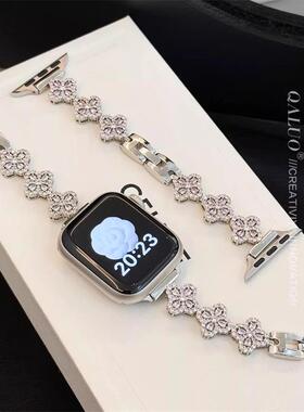 新款满钻四叶草锆石金属表带适用于苹果手表s10/s78SE2watch654SE
